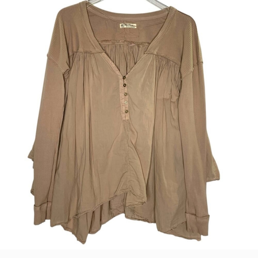 Free People Lightweight Gauze Henley Tunic in Taupe-Beige